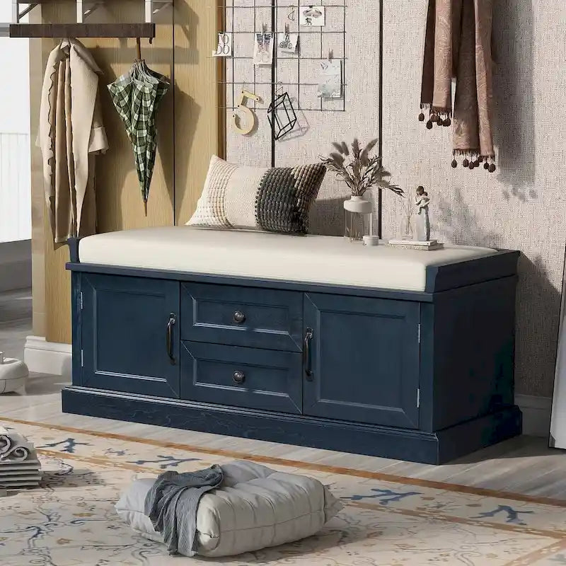 Farmhouse Upholstered Storage Bench with 2 Drawers and 2 Cabinets