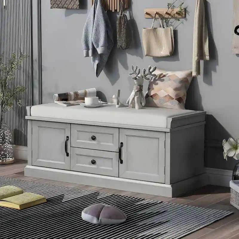 Farmhouse Upholstered Storage Bench with 2 Drawers and 2 Cabinets