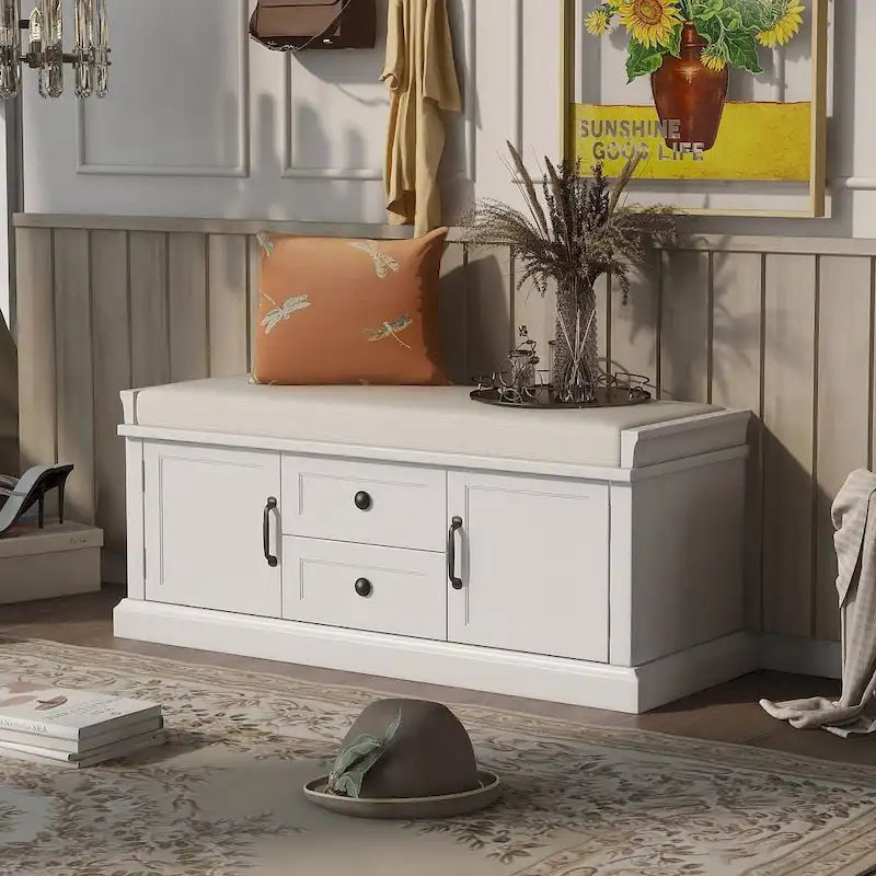 Farmhouse Upholstered Storage Bench with 2 Drawers and 2 Cabinets