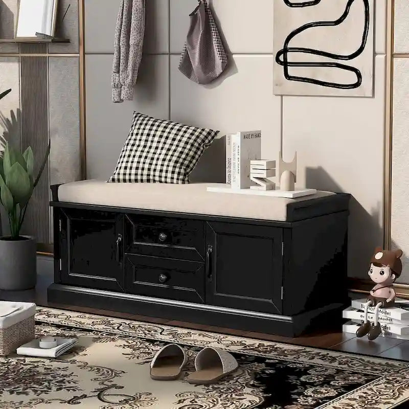 Farmhouse Upholstered Storage Bench with 2 Drawers and 2 Cabinets