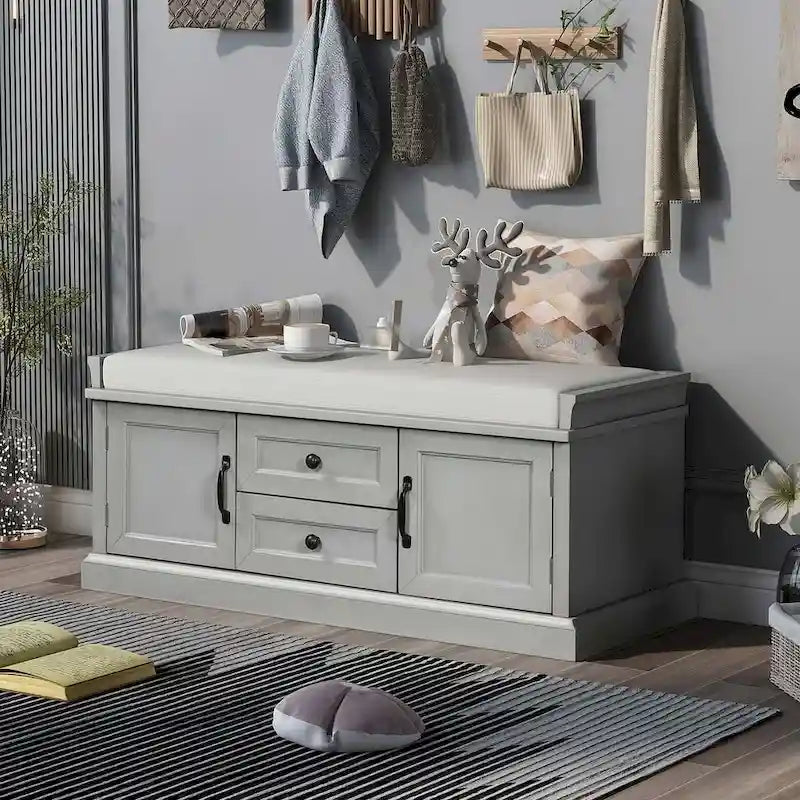 Farmhouse Upholstered Storage Bench with 2 Drawers and 2 Cabinets