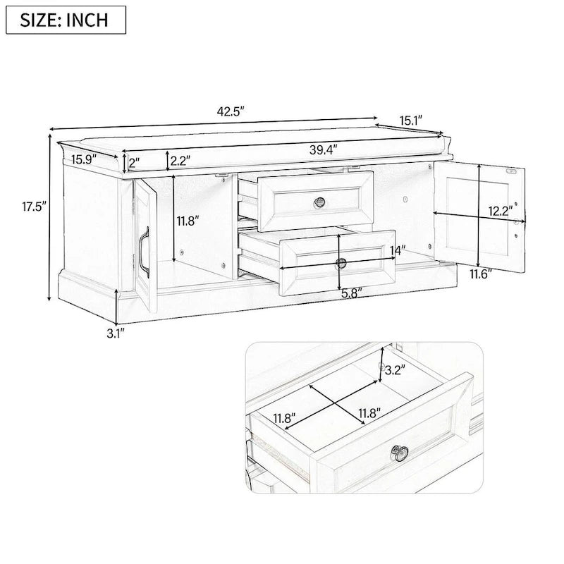 Farmhouse Upholstered Storage Bench with 2 Drawers and 2 Cabinets