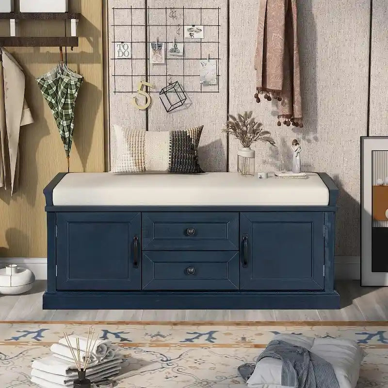 Farmhouse Upholstered Storage Bench with 2 Drawers and 2 Cabinets