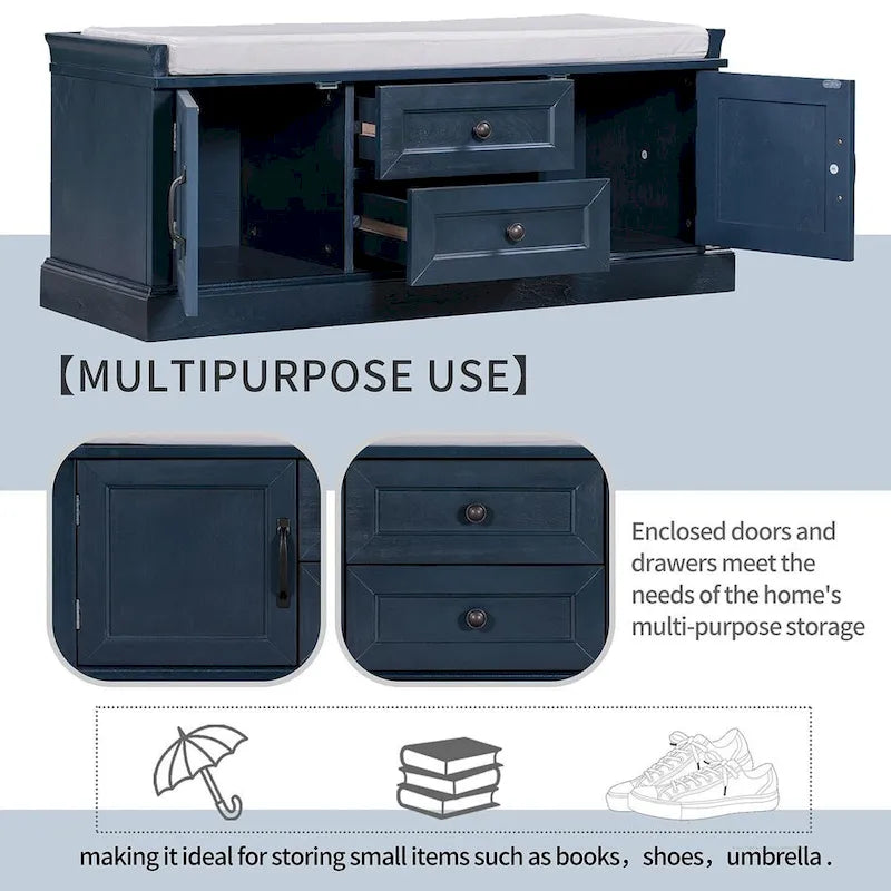 Farmhouse Upholstered Storage Bench with 2 Drawers and 2 Cabinets