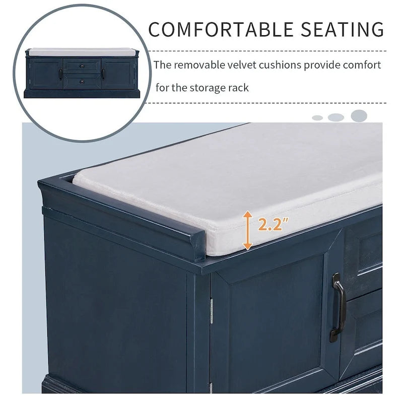 Farmhouse Upholstered Storage Bench with 2 Drawers and 2 Cabinets