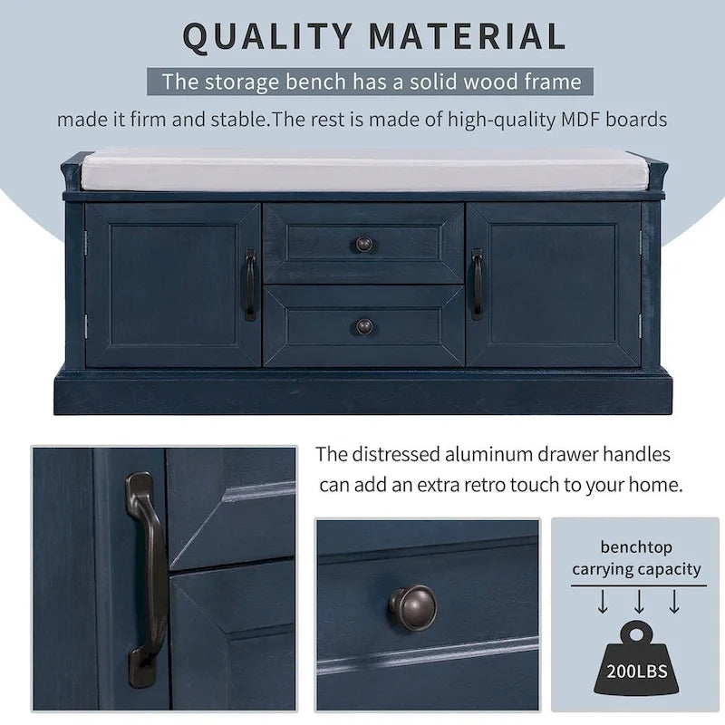 Farmhouse Upholstered Storage Bench with 2 Drawers and 2 Cabinets