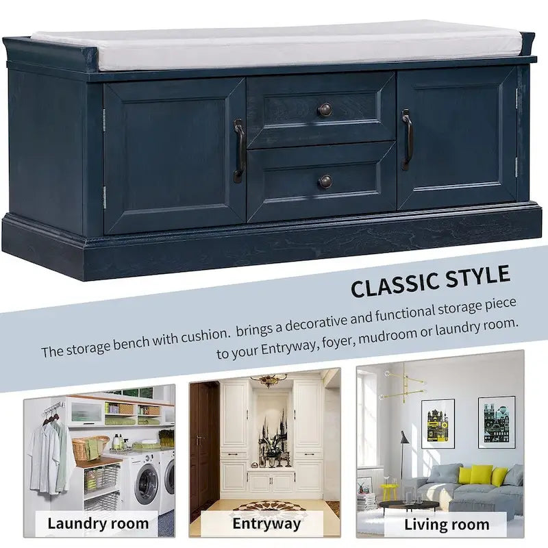 Farmhouse Upholstered Storage Bench with 2 Drawers and 2 Cabinets