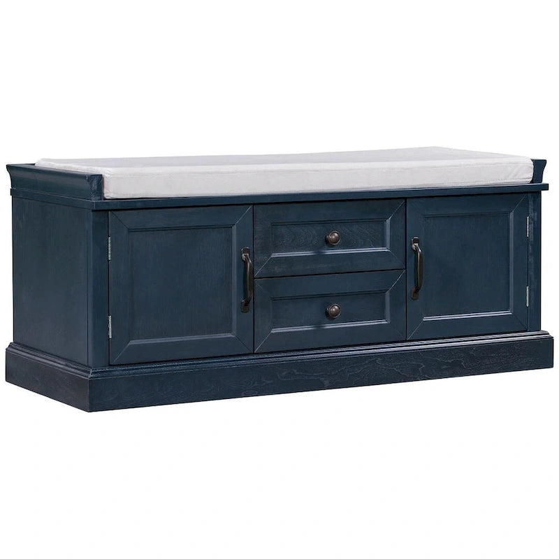Farmhouse Upholstered Storage Bench with 2 Drawers and 2 Cabinets