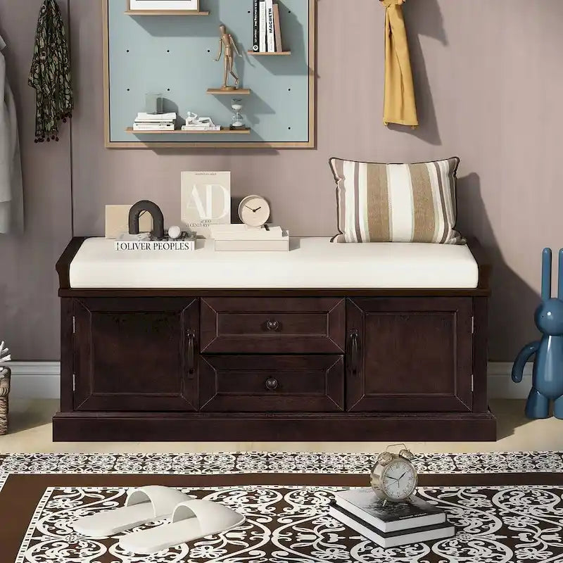 Farmhouse Upholstered Storage Bench with 2 Drawers and 2 Cabinets