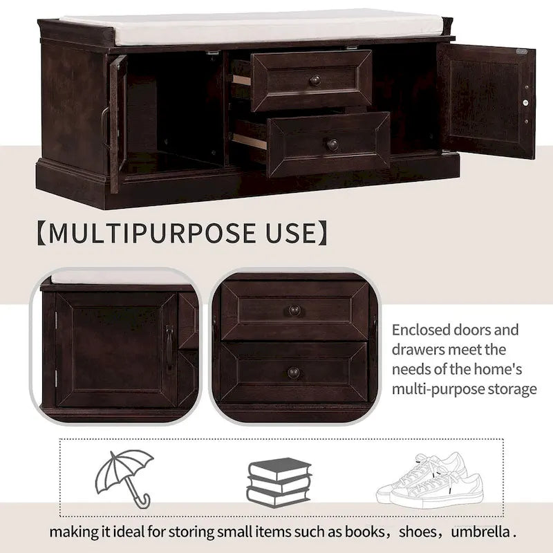 Farmhouse Upholstered Storage Bench with 2 Drawers and 2 Cabinets