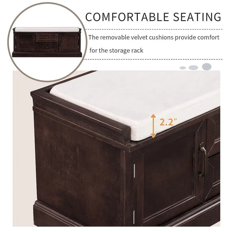 Farmhouse Upholstered Storage Bench with 2 Drawers and 2 Cabinets