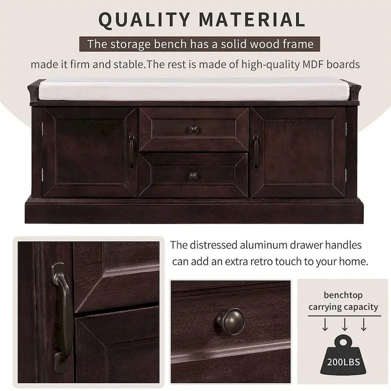 Farmhouse Upholstered Storage Bench with 2 Drawers and 2 Cabinets