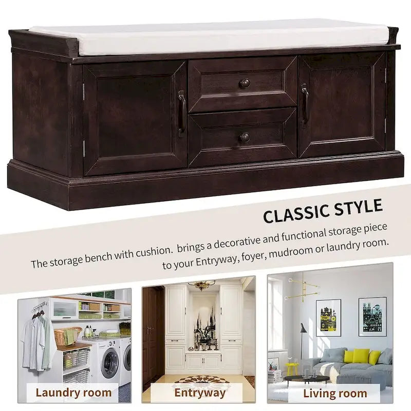 Farmhouse Upholstered Storage Bench with 2 Drawers and 2 Cabinets