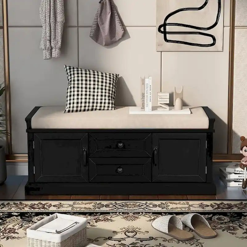 Farmhouse Upholstered Storage Bench with 2 Drawers and 2 Cabinets