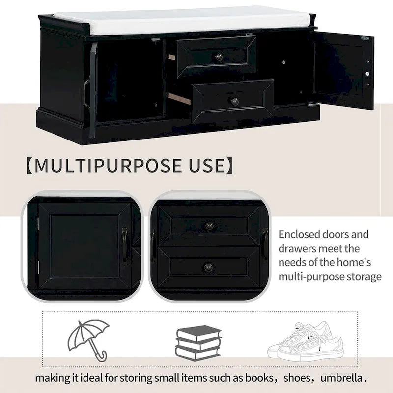 Farmhouse Upholstered Storage Bench with 2 Drawers and 2 Cabinets