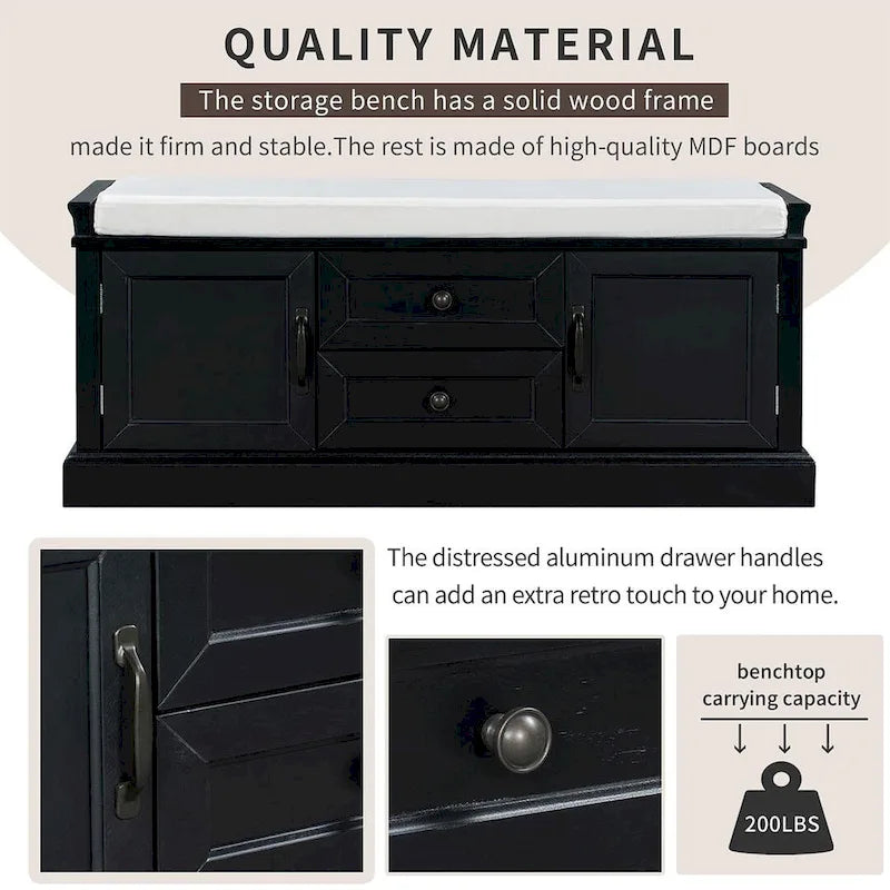 Farmhouse Upholstered Storage Bench with 2 Drawers and 2 Cabinets