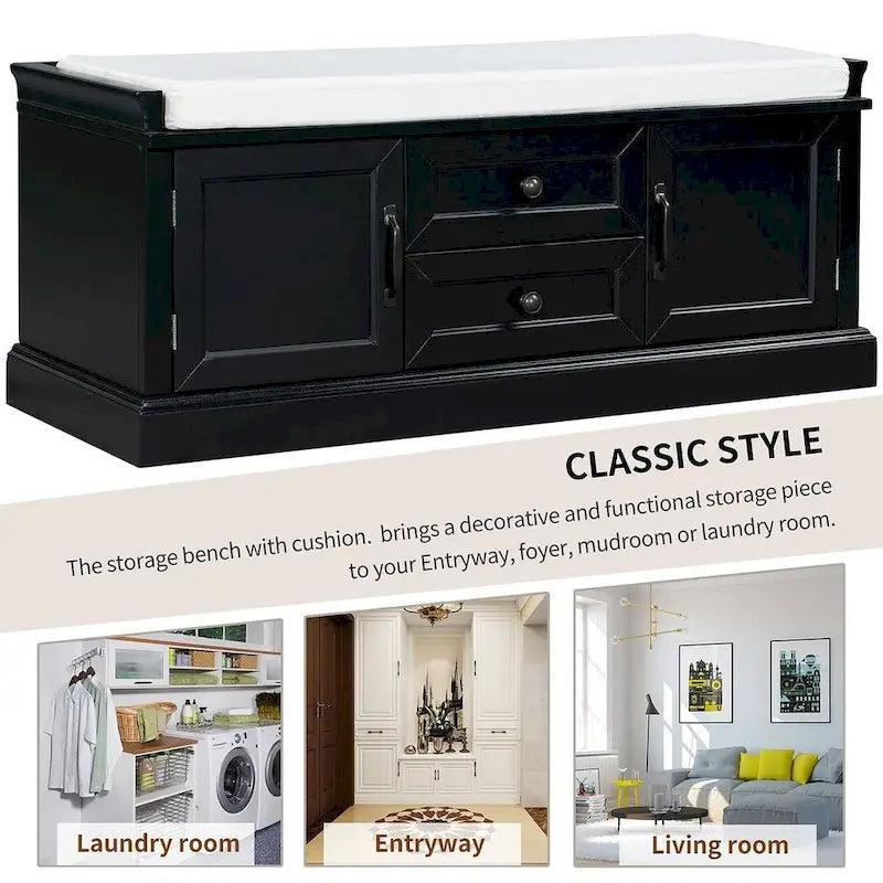 Farmhouse Upholstered Storage Bench with 2 Drawers and 2 Cabinets
