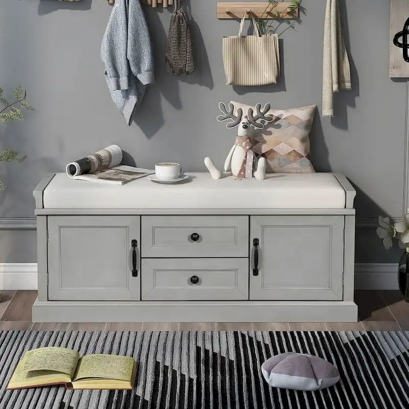Farmhouse Upholstered Storage Bench with 2 Drawers and 2 Cabinets