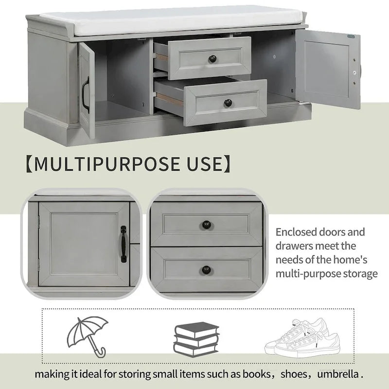 Farmhouse Upholstered Storage Bench with 2 Drawers and 2 Cabinets