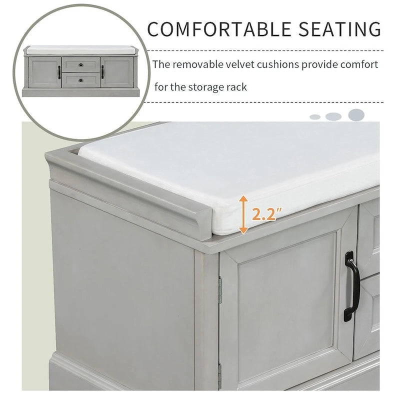 Farmhouse Upholstered Storage Bench with 2 Drawers and 2 Cabinets