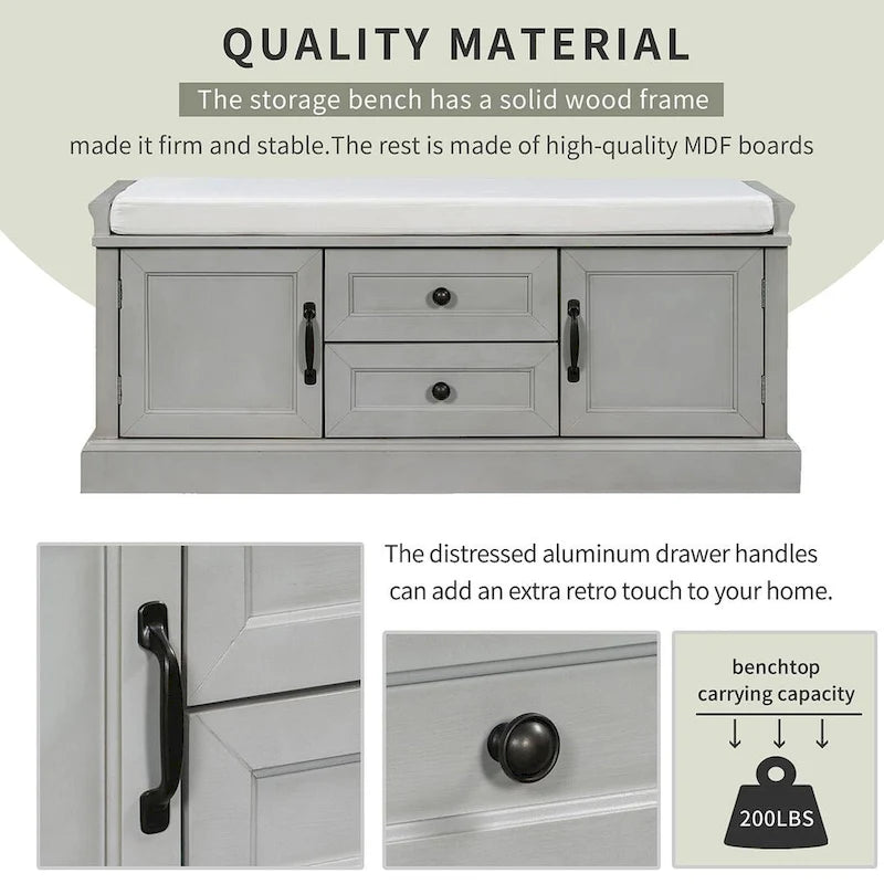 Farmhouse Upholstered Storage Bench with 2 Drawers and 2 Cabinets