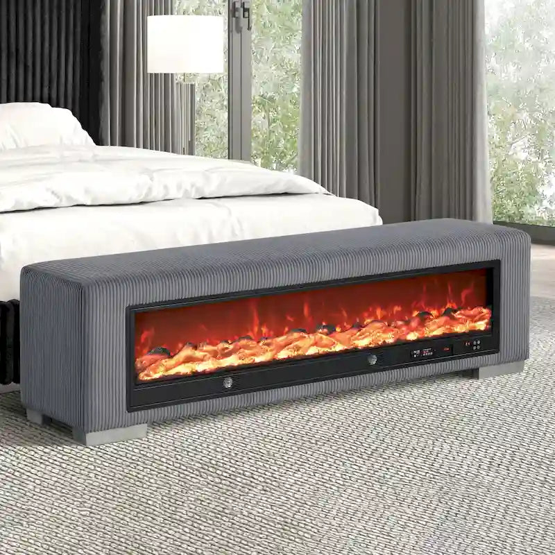 Chenille Bench with Fireplace Simulator and Bluetooth Audio