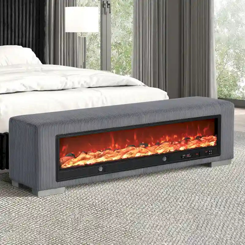 Chenille Bench with Fireplace Simulator and Bluetooth Audio
