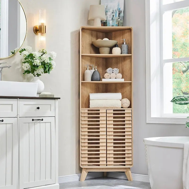 Armoire d'angle haute avec porte à lattes, meuble de salle de bain mi-siècle, 68