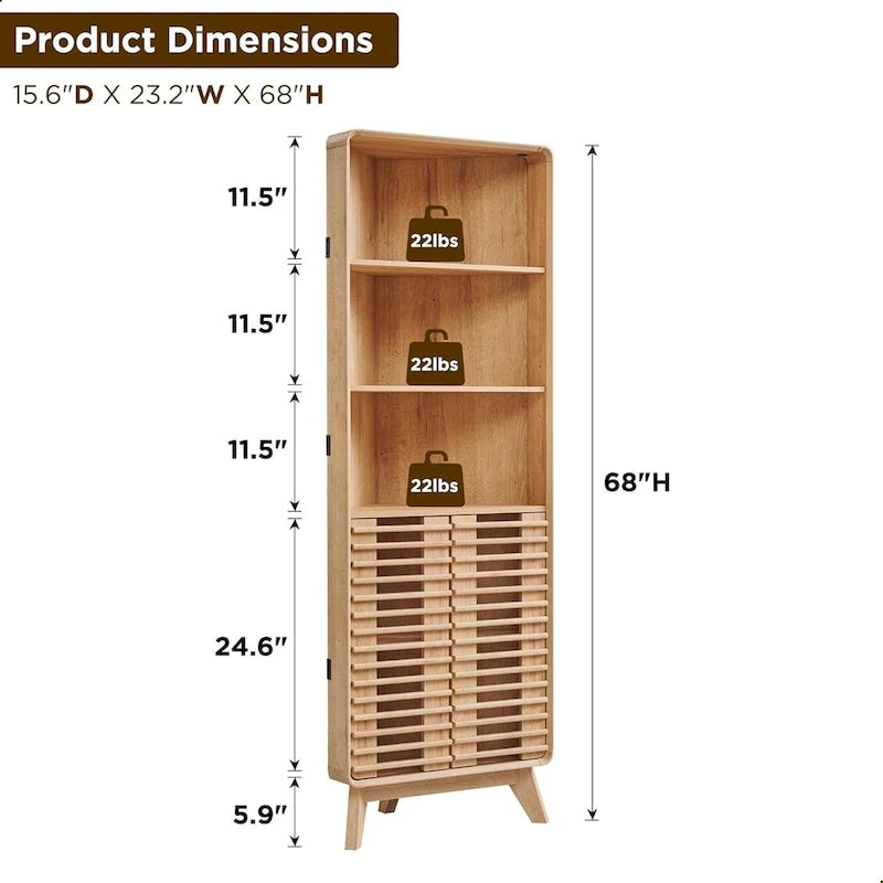 Armoire d'angle haute avec porte à lattes, meuble de salle de bain mi-siècle, 68