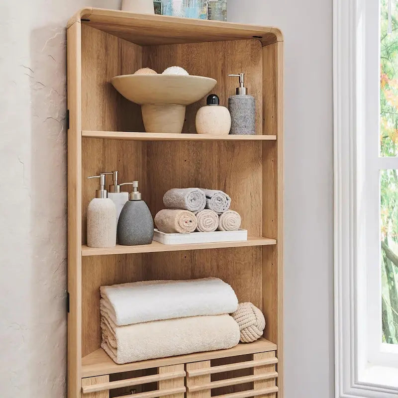 Armoire d'angle haute avec porte à lattes, meuble de salle de bain mi-siècle, 68