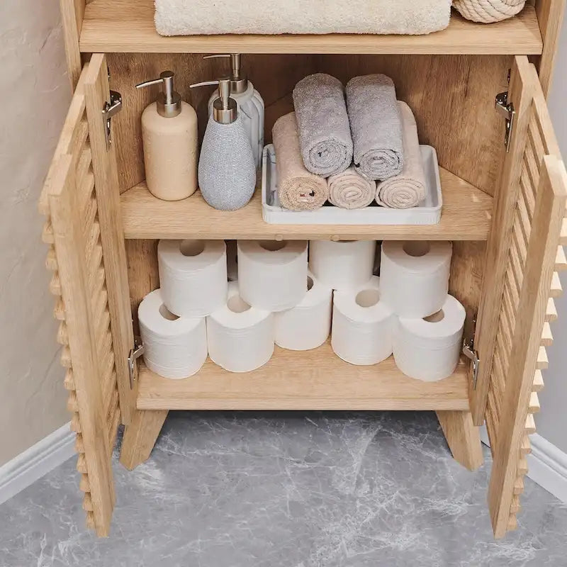 Armoire d'angle haute avec porte à lattes, meuble de salle de bain mi-siècle, 68