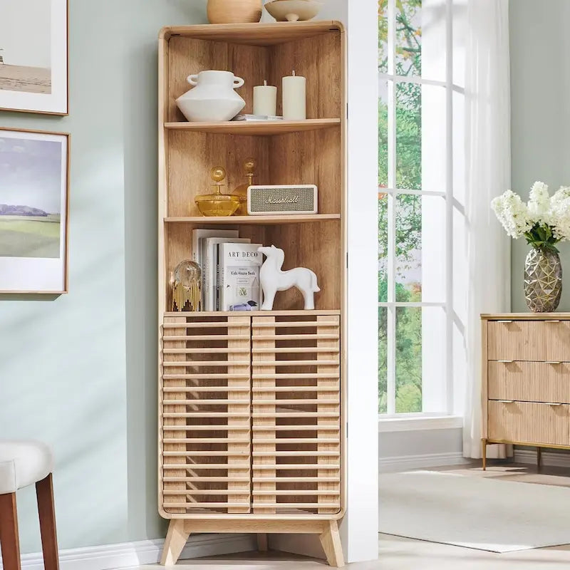 Armoire d'angle haute avec porte à lattes, meuble de salle de bain mi-siècle, 68
