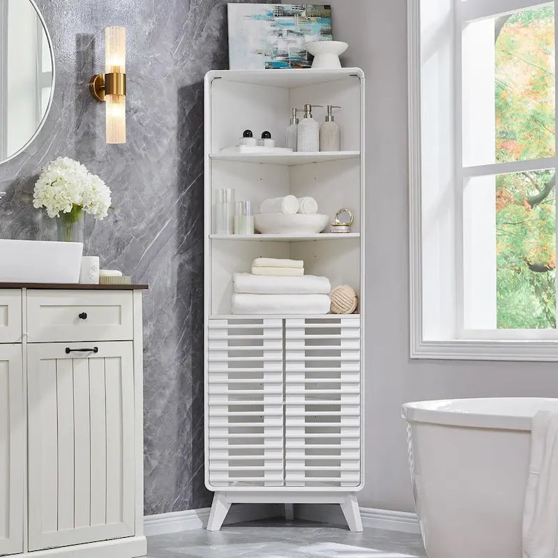 Armoire d'angle haute avec porte à lattes, meuble de salle de bain mi-siècle, 68