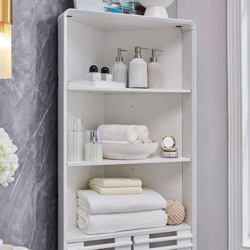 Armoire d'angle haute avec porte à lattes, meuble de salle de bain mi-siècle, 68