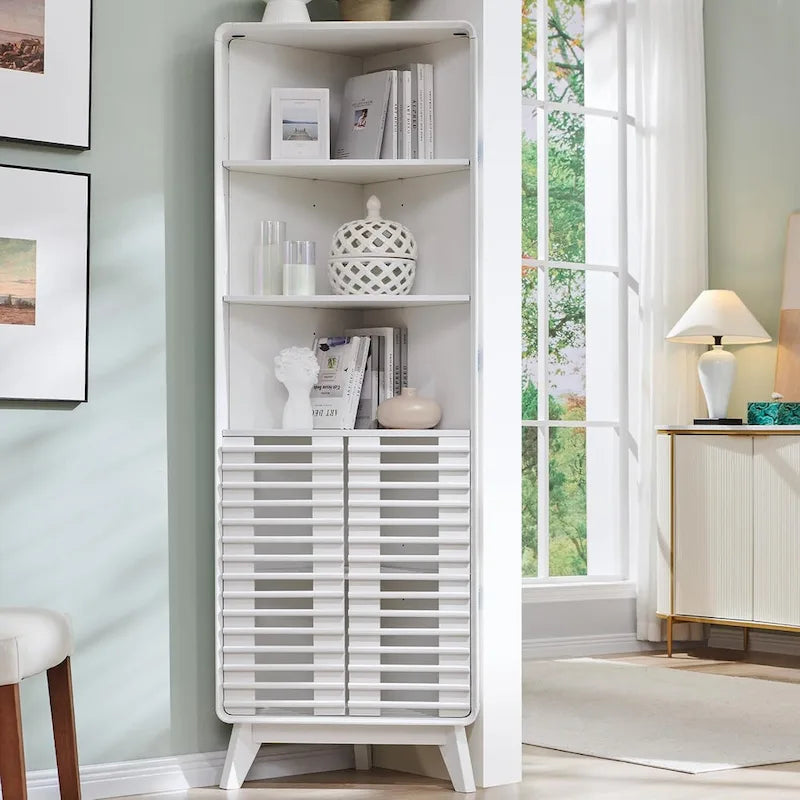Armoire d'angle haute avec porte à lattes, meuble de salle de bain mi-siècle, 68