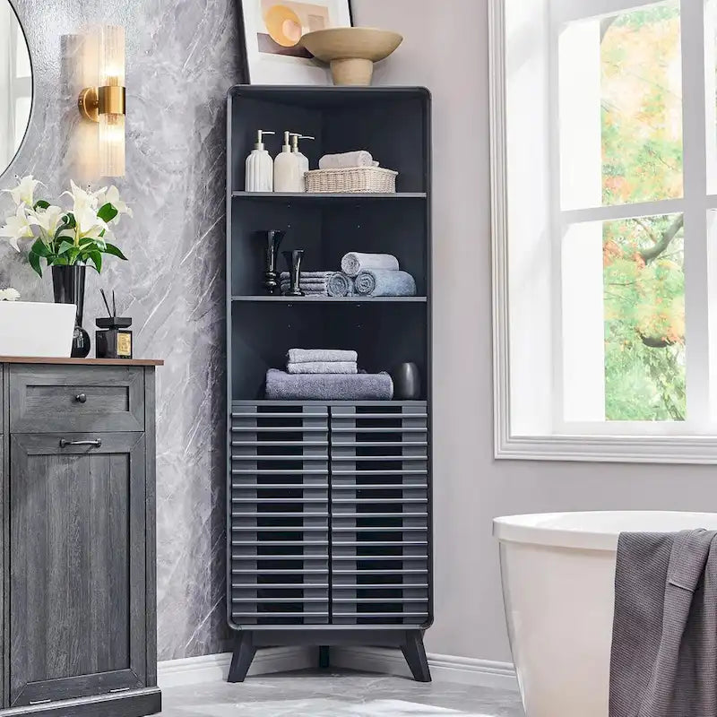 Armoire d'angle haute avec porte à lattes, meuble de salle de bain mi-siècle, 68