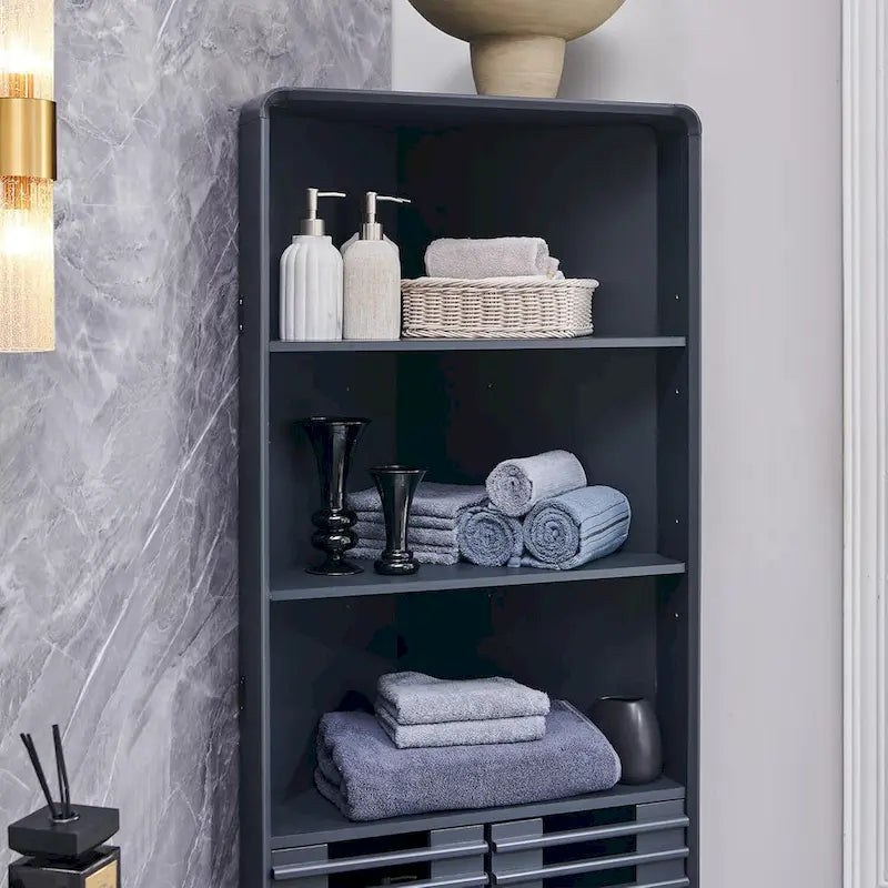 Armoire d'angle haute avec porte à lattes, meuble de salle de bain mi-siècle, 68