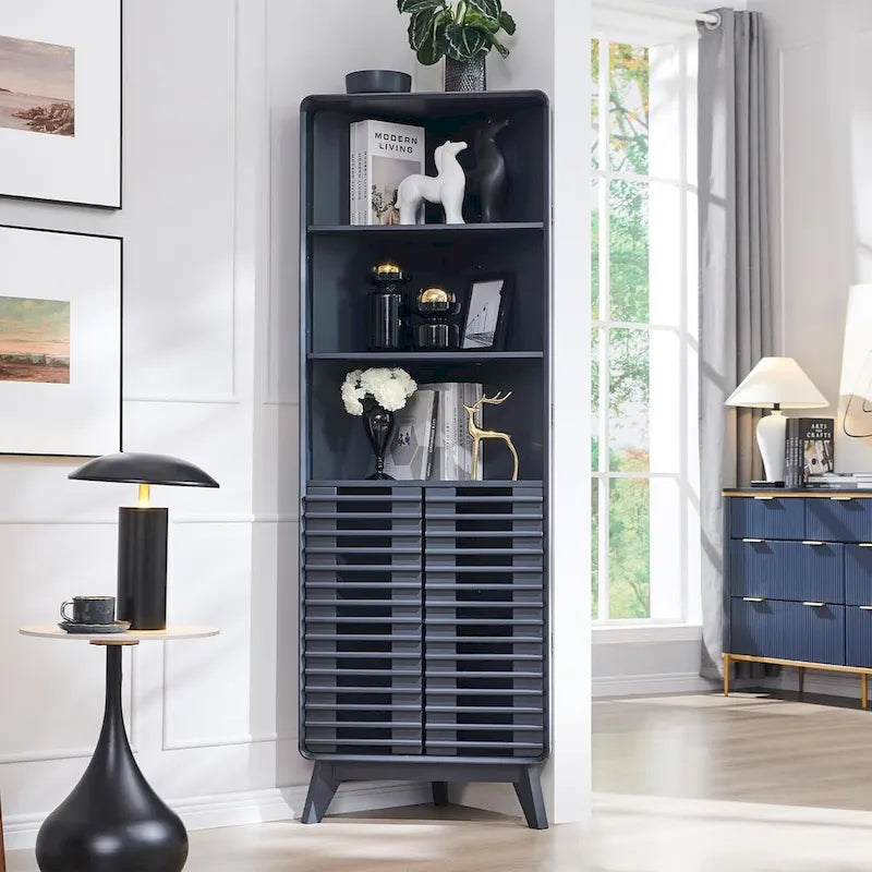 Armoire d'angle haute avec porte à lattes, meuble de salle de bain mi-siècle, 68