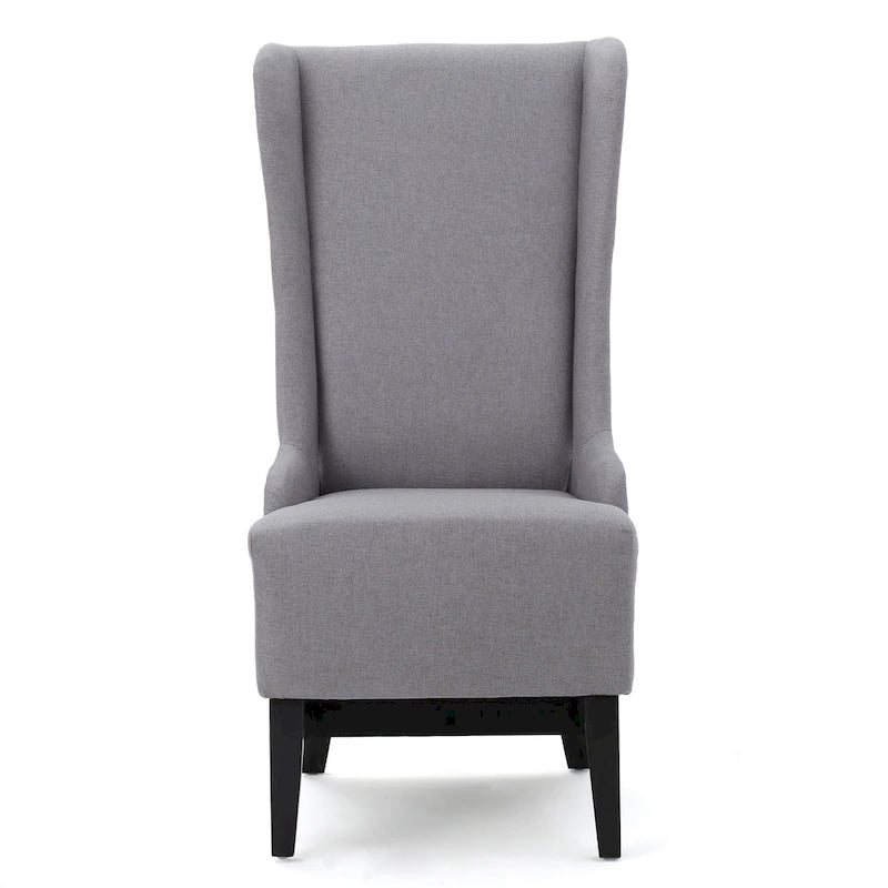 High Wingback Dining Chair, Brown Birch Wood, Light Gray Fabric