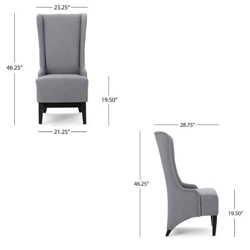 High Wingback Dining Chair, Brown Birch Wood, Light Gray Fabric