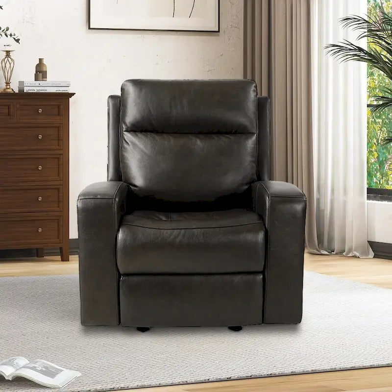 37 Wide Top Grain Leather Power Recliner Chair Glider Rocker Recliner Home Theater Seating with USB Charge Port