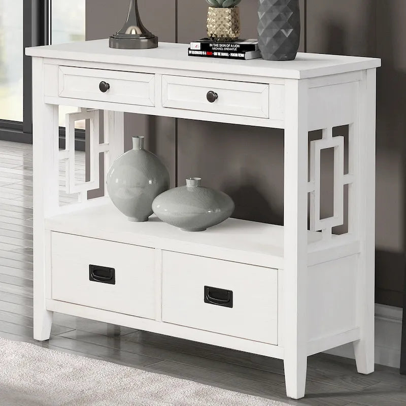 36 Farmhouse Pine Wood Console Table Entry Sofa Table with 4 Drawers & 1 Storage Shelf