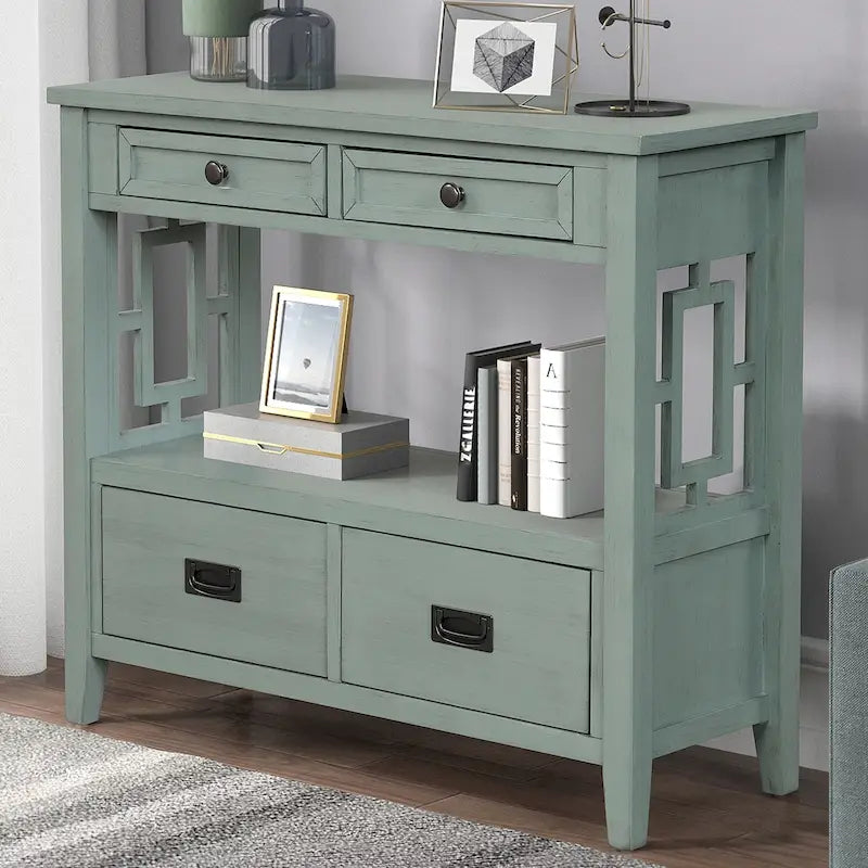 36 Farmhouse Pine Wood Console Table Entry Sofa Table with 4 Drawers & 1 Storage Shelf