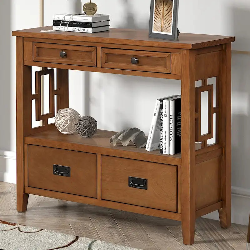 36 Farmhouse Pine Wood Console Table Entry Sofa Table with 4 Drawers & 1 Storage Shelf