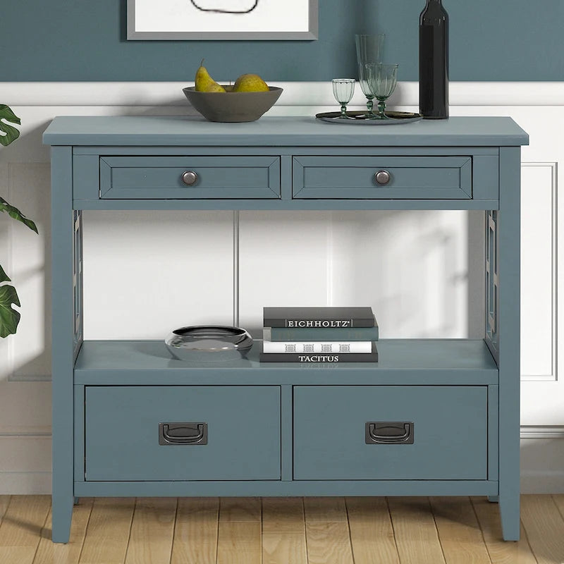 36 Farmhouse Pine Wood Console Table Entry Sofa Table with 4 Drawers & 1 Storage Shelf