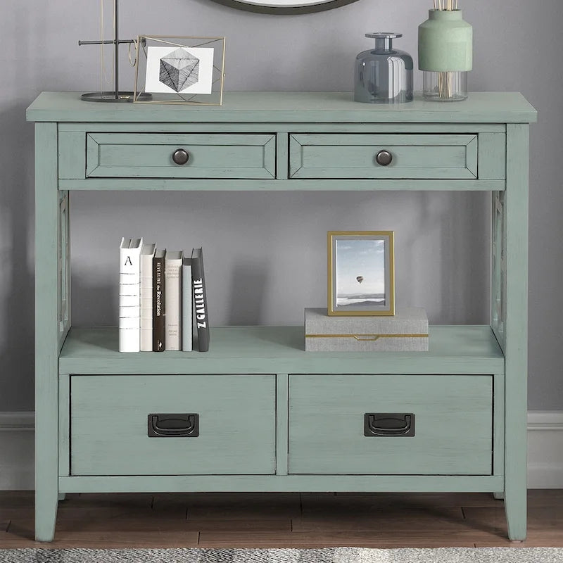 36 Farmhouse Pine Wood Console Table Entry Sofa Table with 4 Drawers & 1 Storage Shelf