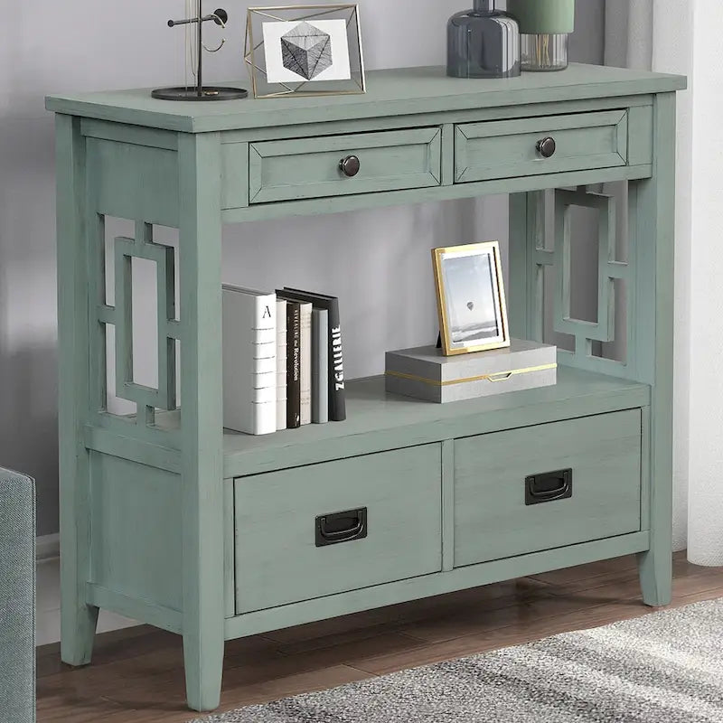36 Farmhouse Pine Wood Console Table Entry Sofa Table with 4 Drawers & 1 Storage Shelf