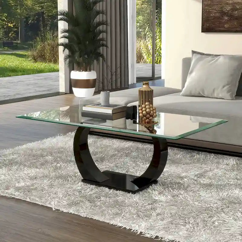 Contemporary 50" Glass Top Coffee Table with Wave Pedestal Base