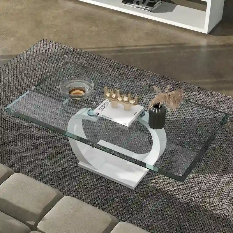 Contemporary 50" Glass Top Coffee Table with Wave Pedestal Base