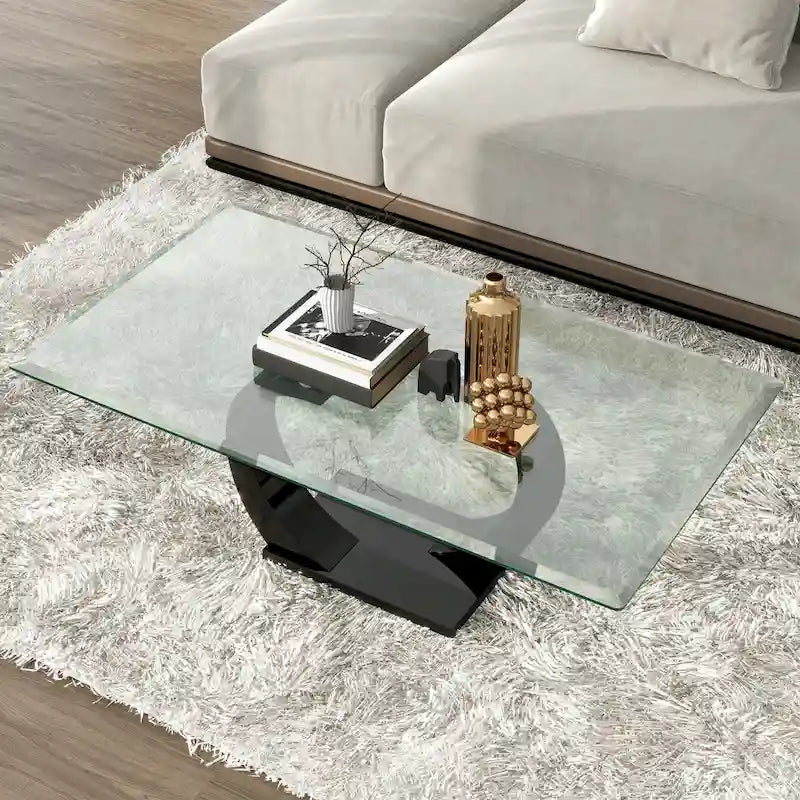 Contemporary 50" Glass Top Coffee Table with Wave Pedestal Base